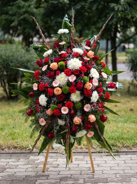Kompozycja funeralna w czerwieni i bieli
